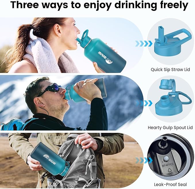 Insulated Water Bottle 64 oz, Triple Wall Vacuum Stainless Steel(Cold for 48 Hrs),Leak Proof & BPA-Free,Half Gallon Water Bottle with Reflective Paracord & Flip Straw for Sports & Travel, CyanBlue