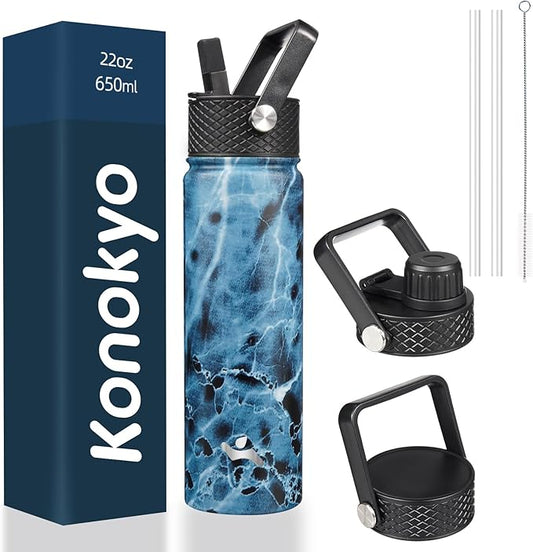 22oz Stainless Steel Bottles with 3 Lids Sport Insulated Water Bottle,Marble Ocean