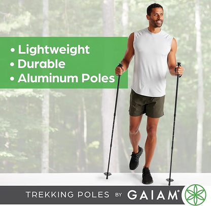 Gaiam Trekking Poles (Pair, Black), Lightweight 7075 Aluminum Hiking Support Walking Stick, Comfort-Grip Handles, All-Terrain Baskets & Styles Included, Camping & Hiking Essentials