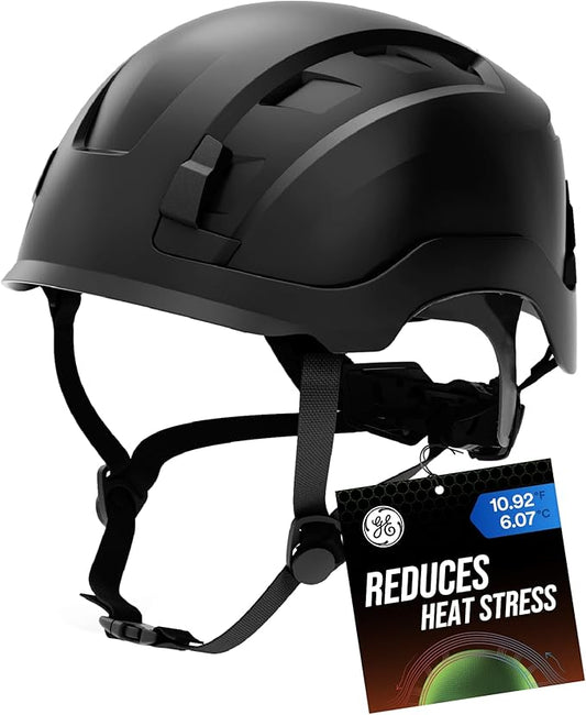 GE Safety Helmet, Impact Absorbing Tech, Adjustable Ratchet, ANSI Type 1, Memory Foam Padding, Hard Hats Protection, Lightweight, Durable, Chin Strap, Comfortable Fit OSHA Approved