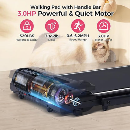 Walking Pad Treadmill with Handle Bar, 3.5HP Compact Electric Walking Pads Treadmills with Handles for Home Apartment Small, 0.6-10MPH Portable Foldable Folding Small Treadmill Home, 400LBS Capacity