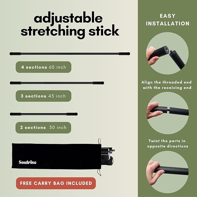 Yoga Stick for Mobility Exercise, Stretching, Pilates, Physical therapy, Fitness and other Workout - Adjustable 5 ft Pole will fix Posture, Stretch, Balance and Flexibility Training - Incl free E-book