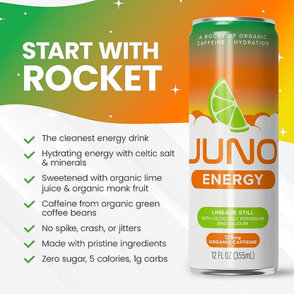 JUNO ENERGY Limeade Still Drink - Sugar Free Electrolytes 125mg Organic Caffeine from Green Coffee Beans, Hydrating with Monk Fruit Sweetener, Organic Lime Juice - Vegan, Gluten Free, 12 Pack