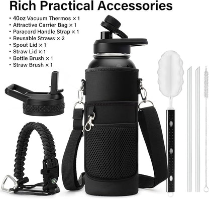 Insulated Water Bottle | Thickened Stainless Steel Vacuum Metal | Portable Sports Water Jug for Gym and Hiking with Straw, Carrier Bag, Handle Strap | BPA-Free 40 oz