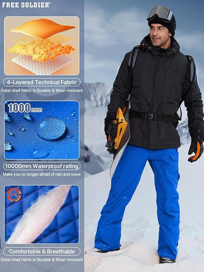 FREE SOLDIER Men's Waterproof Snow Insulated Pants Winter Skiing Snowboarding Pants with Zipper Pockets
