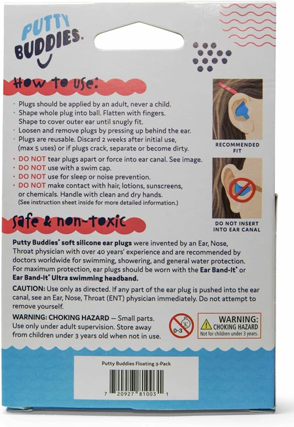 Earvolution Floating Putty Buddies Ear Plugs for Swimming - Invented by an Ear Physician - Moldable, Premium, Silicone - Floats on Water - Waterproof - Made in The USA - 3 Pack - Blue/Red/Green
