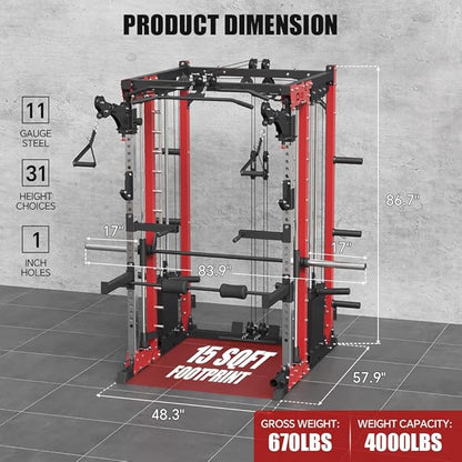 FAGUS Commercial Smithe Machine with 308lb Dual Weight Stacks, 4000LBS Power Cage Squat Rack with Lever Arm & Leg Press, Multi-Function Linear Bearing Cable Crossover Machine for Home Gym