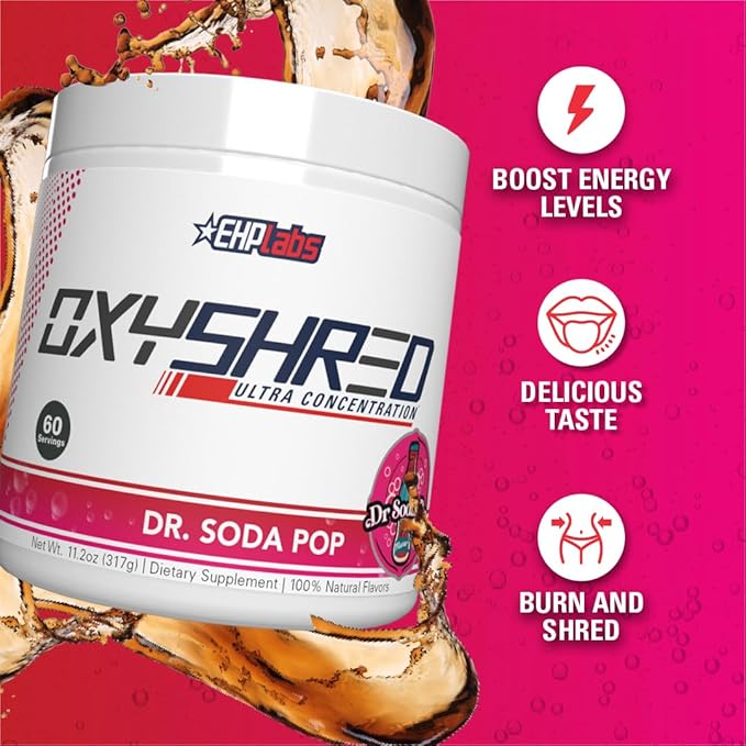 EHP Labs OxyShred Thermogenic Fat Burner - Pre-Workout Powder with L-Glutamine, Acetyl L-Carnitine, Metabolism Booster, Weight Loss, Appetite Control, Energy Drink, Dr. Soda Pop, 60 Servings