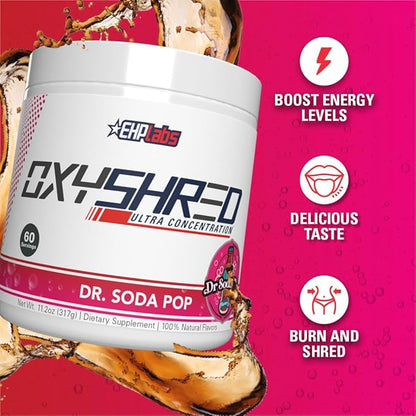 EHP Labs OxyShred Thermogenic Fat Burner - Pre-Workout Powder with L-Glutamine, Acetyl L-Carnitine, Metabolism Booster, Weight Loss, Appetite Control, Energy Drink, Dr. Soda Pop, 60 Servings