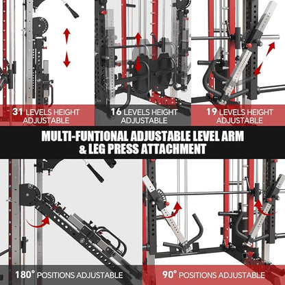 FAGUS Commercial Smithe Machine with 308lb Dual Weight Stacks, 4000LBS Power Cage Squat Rack with Lever Arm & Leg Press, Multi-Function Linear Bearing Cable Crossover Machine for Home Gym