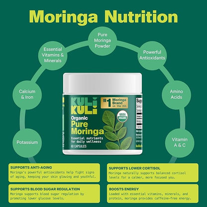 Kuli Kuli Organic Moringa Capsules [60 Count] - Premium Moringa Leaf Powder Capsules - Nutrient-Dense Superfood for Energy, Vitality, and Wellness