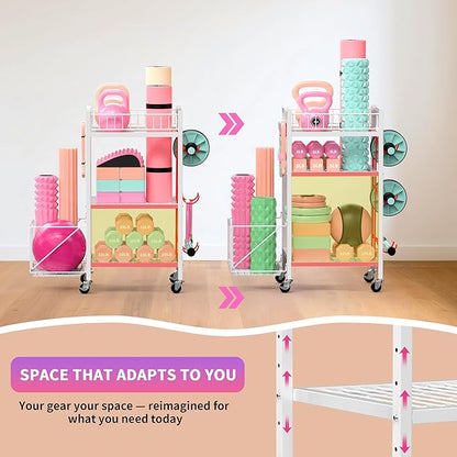 3-Tier Home Gym Storage Rack, Adjustable Yoga Mat Storage Rack, 250LBS Metal Workout Equipment Storage Cart with Large Basket & Lockable Wheels for Mats, Bands, Foam Rollers, Yoga Block