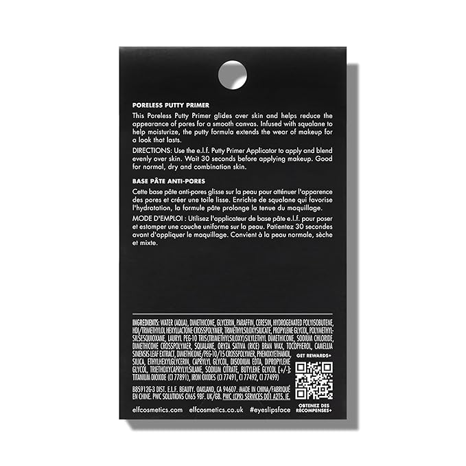 e.l.f. Poreless Putty Primer, Silky, Skin-Perfecting, Lightweight, Long Lasting, Smooths, Hydrates, Minimizes Pores, Flawless Base & Finish, All-Day Wear, Ideal for All Skin Types, 0.74 Fl Oz