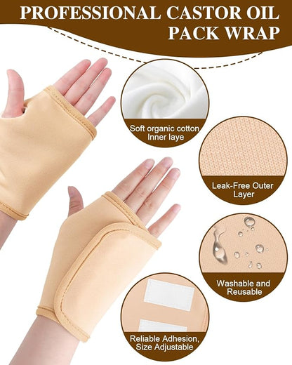 2 Pcs Castor Oil Pack Wrap for Hands, Reusable Organic Cotton Hand Castor Oil Pads, Self Adhesive Adjustable Hand Wraps, Prevent Leakage, Comfort Fit (Khaki)