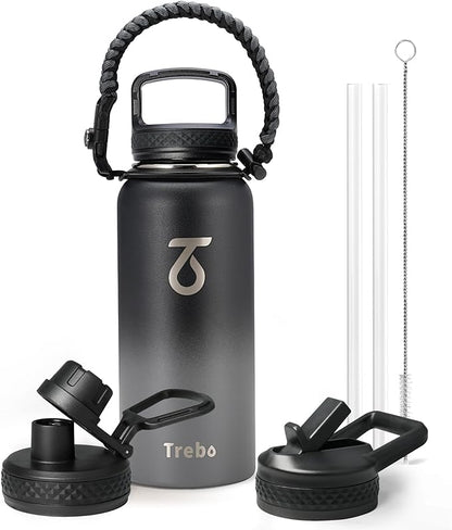 Trebo 32 oz Water Bottle Insulated with Paracord Handle and 3 Lids, Leakproof Stainless Steel Vacuum Water Jug Keep Cold 48 Hours, BPA-Free Gym Water Flask for Men Women Sports, Travel, Dark Gray