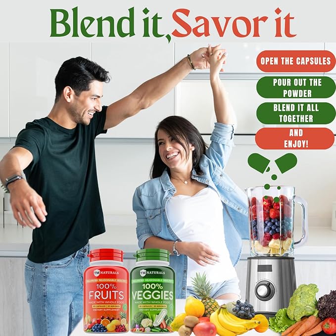 Fruit and Veggies Supplement Vitamins for Men and Women - Super Fruits and Veggies Capsules to Support Balanced Nutrition and Energy Levels - Whole Natural Super Foods 90 Count (Pack of 2)