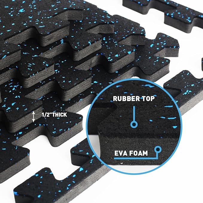 0.56 Inch Thick Gym Flooring for Home Gym 48 Sq 12 Pcs 24 x 24in Tile,