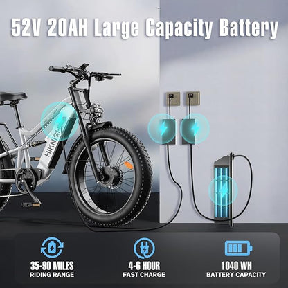 Electric Bike for Adult, 52V 20Ah Peak 3000W Dual Motor 26" Fat Tire Ebike, Max 38Mph & 35-90 Miles Full Suspension, Mountain E Bicycle for Men