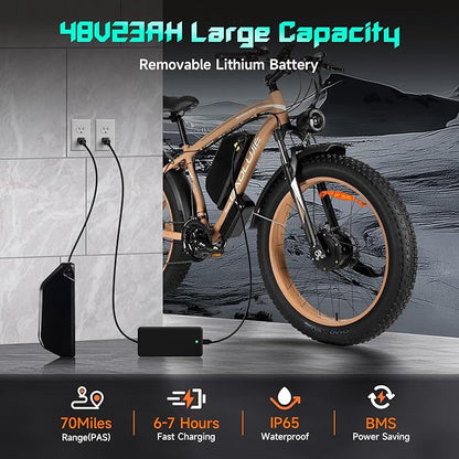 Electric Bike for Adults,Peak 2000W AWD Dual Motor Ebike,31MPH 55Miles 48V 23AH Removable Battery Electric Mountain Bike,26''*4" Fat Tire E-Bike with Front Suspension (Dual Motor Khaki)