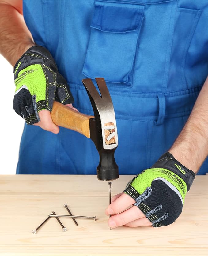 HANDLANDY Fingerless Work Gloves for Men Utility Padded Half Finger Driving Working Gloves (Medium, Green)