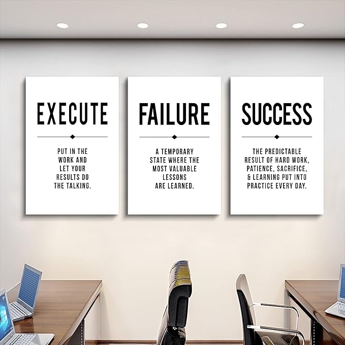 Framed Canvas Wall Art Success Quote, Office Wall Art, Black Large Poster, Positive Motivational Set of 3 Prints, Execute Failure Definition, Inspirational Print (D-3pcs,20x30inchx3pcs)