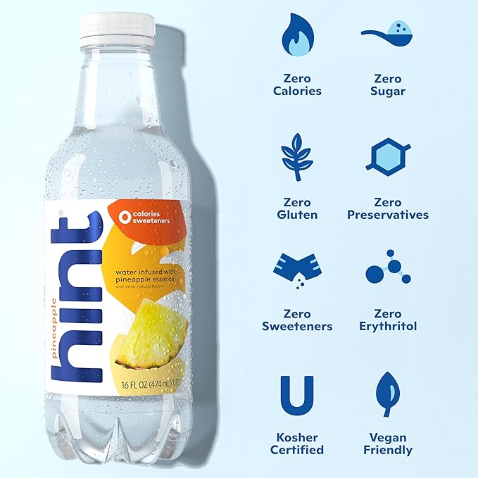 Hint Water Pineapple, Pure Water Infused with Pineapple, Zero Sugar, Zero Calories, Zero Sweeteners, Zero Preservatives, Zero Artificial Flavors, 16 Fl Oz (Pack of 12)