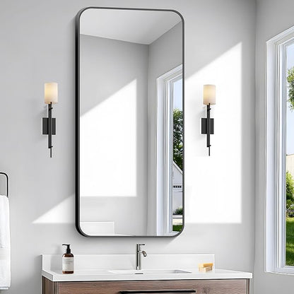 24x48 inch Bathroom Mirror,Black Rectangle Mirror,Wall Mounted Bathroom Frame Vanity Mirror with Round Corner for Bedroom Living Room, Entryway Hangs Horizontal or Vertical