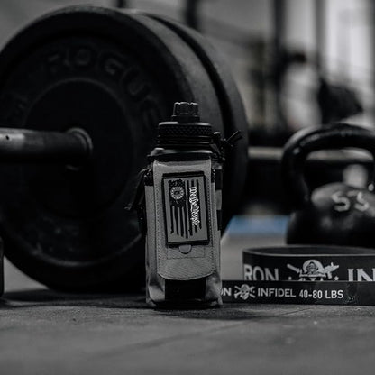 Iron Infidel Battle Bottle - 32 Oz Insulated Water Bottle with Straw Lid & Chug Cap, Stainless Steel Metal Tactical Flask with Rugged, Removable Sleeve for Keys & Phone or Wallet (Betsy Ross 1 Liter)