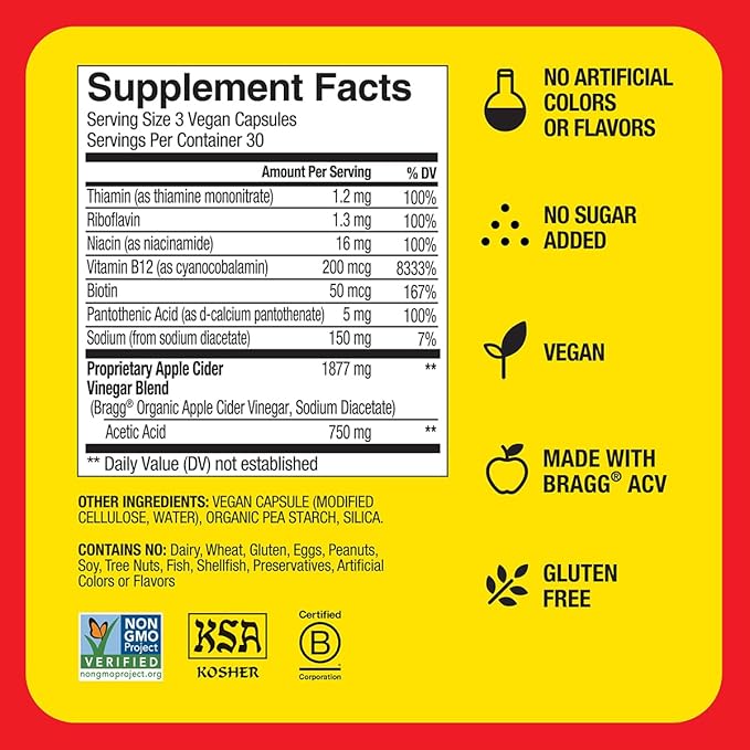 Bragg Energy Apple Cider Vinegar Capsules with B-12 Vitamins - 90 Capsules (2 Pack) – Weight Management - Non-GMO, Vegan, Gluten Free - Helps Generate Energy at Cellular Level for Men and Women