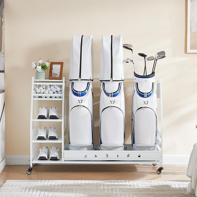 Lauren&Harold Golf Bag Organizer Garage Storage, Golf Storage Rack Stand Fits 2 Golf Bags, Golf Clubs and Other Golfing Equipment Accessories, Golf Organizer for Garage, Club, Shed, Basement