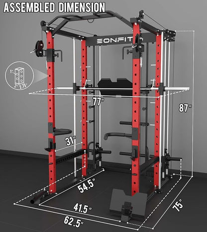 Eonfit E5 Smith Machine with Vertical Leg Press, Power Cage Squat Rack with LAT-Pull Down Cable Crossover Rotating Arms System Home Gym Equipment All in One (E5 RED)