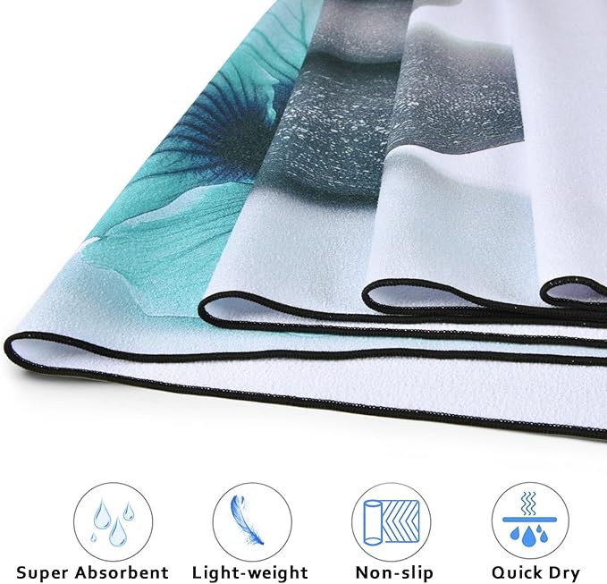 QiyI Large Yoga Mat Towel with Corner Pockets, Non Slip Sweat Absorbent Hot Yoga Towels, Soft Yoga Blankets Skidless Mat Cover for Workout, Gym, Fitness - 74"x26", Pebbles & Blue White Flowers