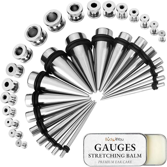 BodyJ4You 37PC Ear Stretching Kit - Beginner Gauges 14G-00G Starter Set - Aftercare Balm Wax - Steel Tapers Single Flare Plugs Screw Fit Tunnels - Women Eyelet Mens Earrings Expander Piercing Jewelry