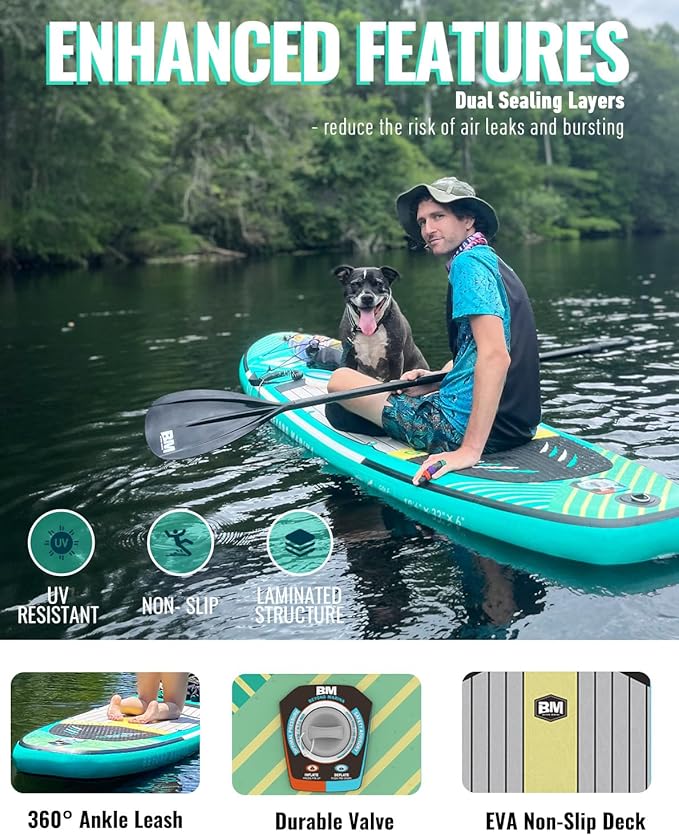 BM Paddle Board Inflatable Stand Up Paddle Board, SUP Paddleboard for Adult, Premium Accessories | Non-Slip EVA Deck & Foam Handles, Camera Mount, Double Action Pump, 85L Travel Backpack