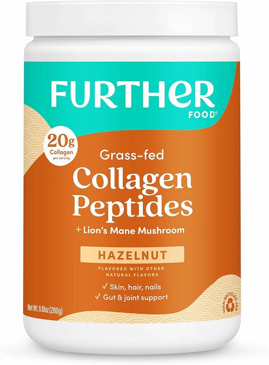 Further Food Hazelnut Collagen Peptides Powder with Lion’s Mane Mushroom, Grass-Fed Hydrolyzed Type 1 & 3 Protein, Gut Health + Joint, Hair, Skin, Nails, Paleo Keto Sugar-Free 9.88 oz
