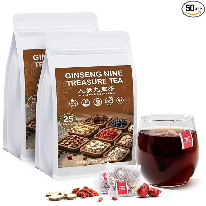 Kidney Tea Formula Ginseng Nine Treasure Tea, Natural Kidney Cleanse Detox & Repair Ginseng & Mulberry Herbal Teabags for Men & Women, 9 Precious Ingredients Formula (2 Pack/50 Bags)