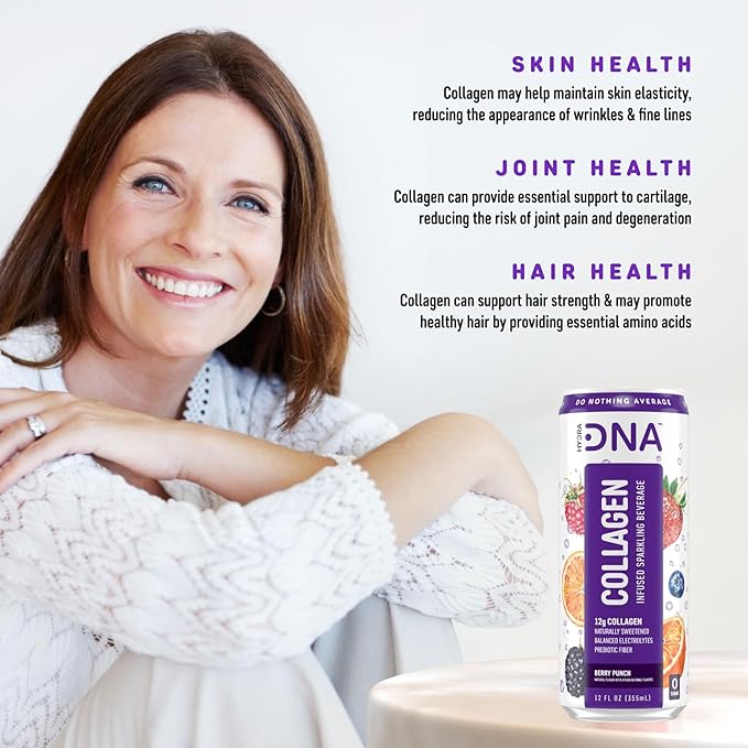 HYDRADNA- Sparkling Liquid Collagen Protein Water Drink Balanced Nutrients for Wellness - Sugar-Free - Keto-Friendly - No Gluten (12 Pack) Berry Punch