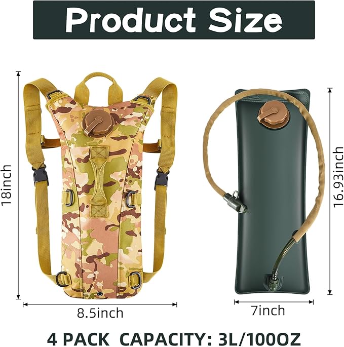 4 Pack Tactical Hydration Backpack with 3L Water Bladder Military Daypack Water Backpack Lightweight Hydration Back Pack for Running Cycling Climbing Hiking for Men Women