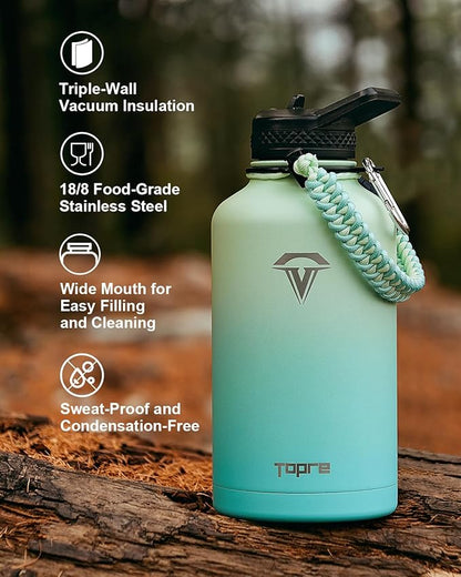 Insulated Water Bottle 64oz,Half Gallon Water Flask Stainless Steel Vacuum, Cold for 48 Hrs,BPA-Free & Leakproof -with Paracord Handle, Strap,Straw Spout Lids,Large Jug for Gym Sports,Green