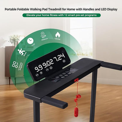 Walking Pad with Handle Bar, Folding Treadmill with Handles for Home Small Spaces, Compact Walking Pad Treadmill with Handle, 3.5HP Electric Portable Treadmills for Home, 400LBS Capacity