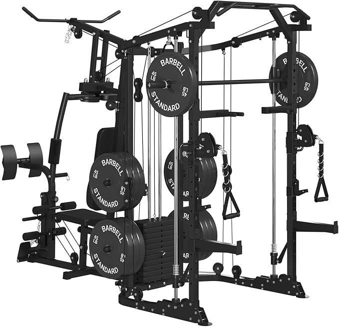 GMWD SmithΔ Machine Power Cage, Multi-Function Home Gym System with Cable Crossover System, Dual-Sided Workout Station with 121LBS Weight Stack, Power Rack, Functional Trainer, All in One Home Gym