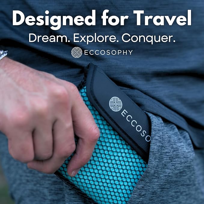 ECCOSOPHY Microfiber Beach Towel – Quick Dry Gym Towel, Highly Absorbent with Ribbed Texture, Lightweight – Ideal for Travel, Pool, Yoga, Fitness & Outdoor Adventures – 71x35 Aqua