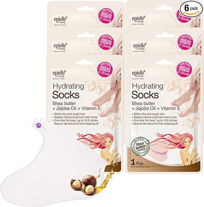 Epielle Hydrating Foot Masks 6 Pairs, Deep Moisturizing Socks for Dry Feet & Cracked Heels, Relieve and Soften with Shea Butter & Jojoba Oil, Korean Skin Care, Spa Set, Self Care Gifts for Women