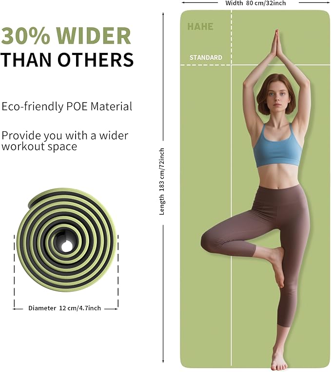 HAHE Non Slip Yoga Mat Wide, (72"L X 32"W, 0.24" Thick) Large Fitness Exercise Mat with Carrying Strap, Eco-Friendly POE Yoga Mats for Home, Gym, Pilates, Stretching