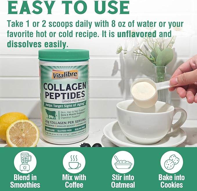 Bovine Collagen Peptides Powder for Women and Men, Grass-Fed Hydrolyzed Collagen Protein Type I & III, Skin, Hair, Nails, Bones, Digestion, Unflavored, Non-GMO, Keto & GF, 11 Servings, 8oz