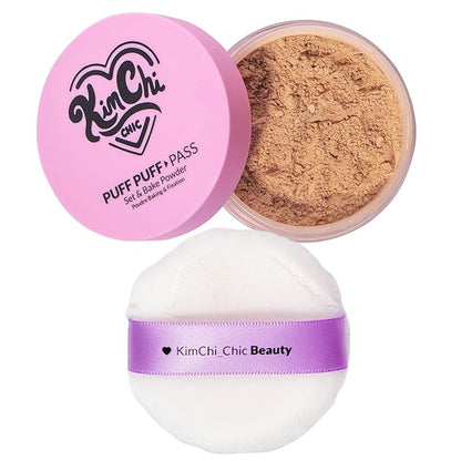 Kimchi Chic Beauty Puff Puff Pass Set and Bake Setting Powder for Makeup, Extra Fluffy Loose Face Powder Poof, Soft Natural Face Makeup for Uneven Skin Tone, 05 Suntan