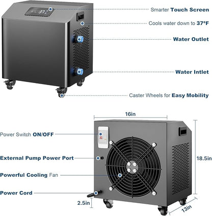 Ice Bath Water Chiller for Cold Plunge Tubs, 1HP Upgraded Cold Plunge Chiller with External Filter & Pump, Submersible Pump, Insulated Hoses, 110V Cooling Chiller for for Cold Therapy Recovery