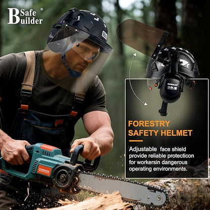 Forestry Safety Helmet with Build-in Visor Mesh Face Shield Ear Muffs 4 in 1 Chainsaw Safety Hard Hats