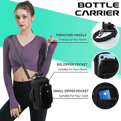 128 OZ Insulated Water-Bottles with Strap - 1 Gallon Water Jug with Straw & Spout Lid, Stainless Steel Large Water Bottle Leak Proof, Cold-48h Hot-24h Metal Water Flask w/Paracord Handle, Carrier Bag
