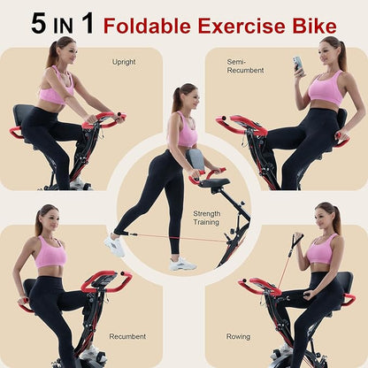 BARWING Stationary Exercise Bike for Home Workout, 5 IN 1 Foldable Indoor Cycling Bike for Seniors, 350LB Capacity, 16-Level Magnetic Resistance, Seat Backrest Adjustments
